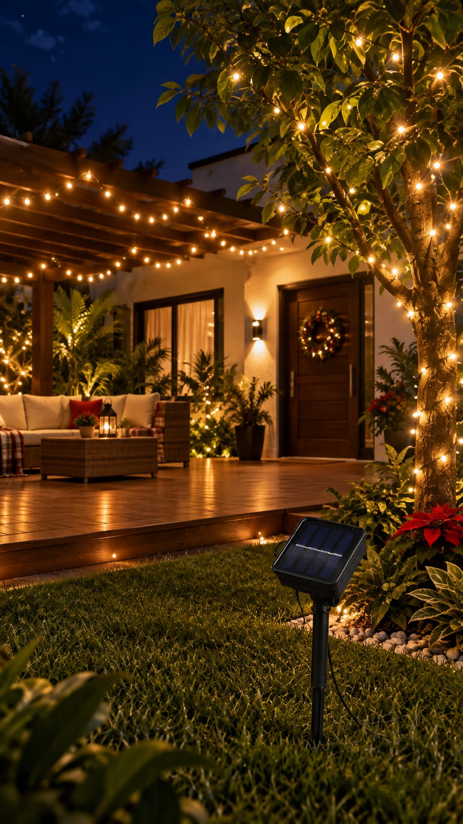 Serie navideña solar iluminando un árbol con el panel solar en primer plano