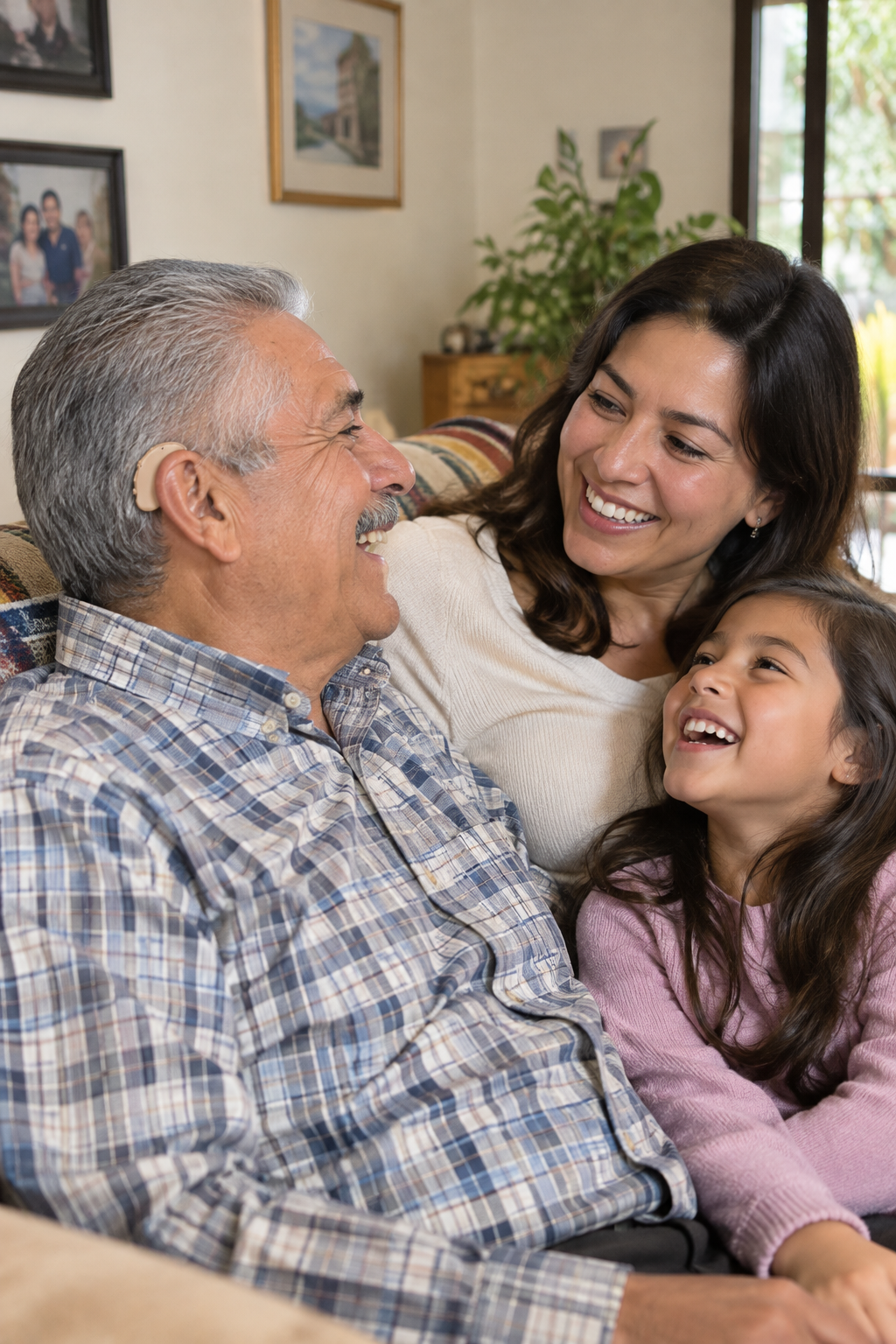 Señor sonriendo con su familia mientras usa el amplificador de sonido