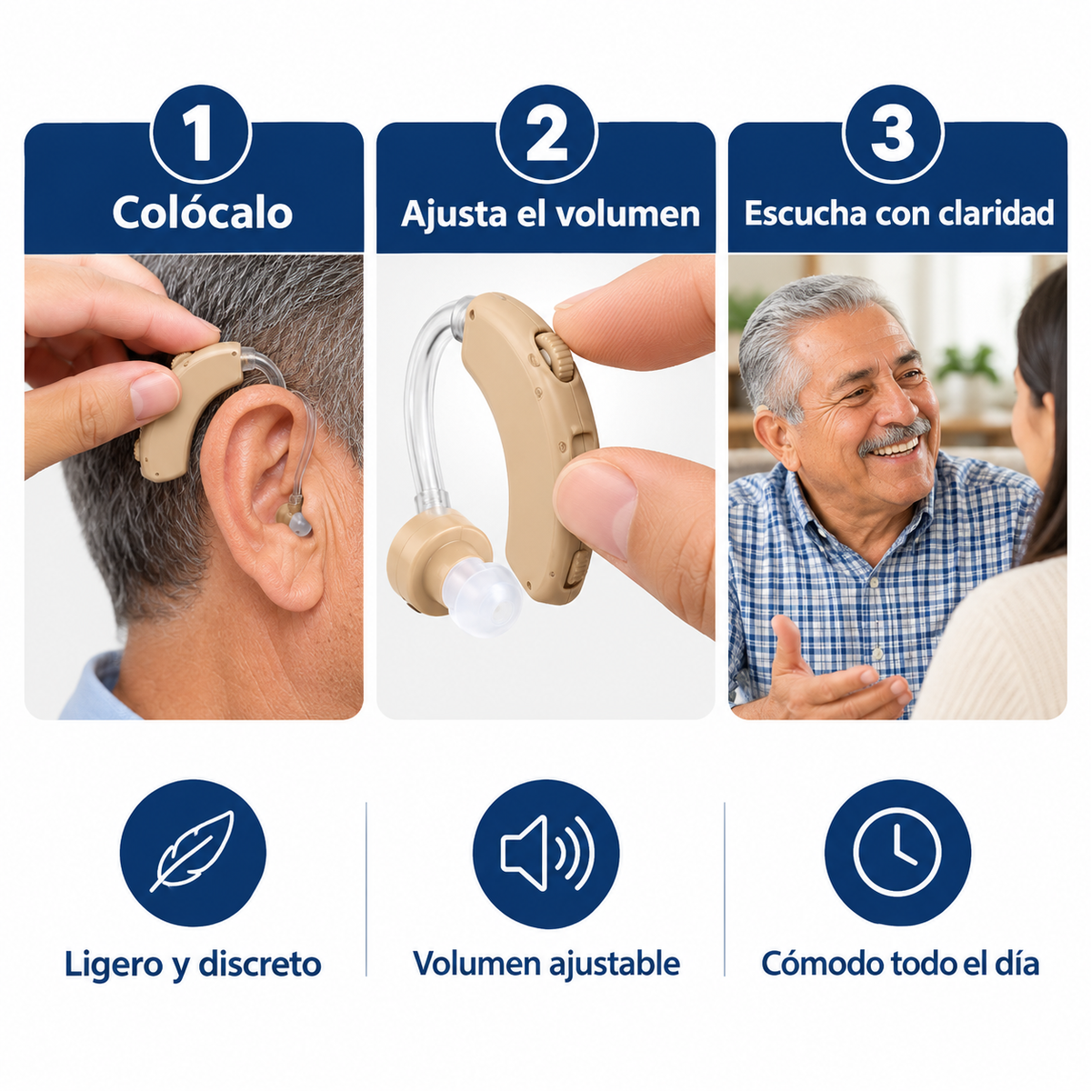 Cómo se usa en 3 pasos: colócalo, ajusta el volumen y escucha con claridad