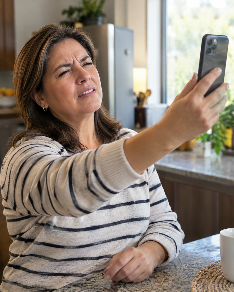 Mujer alejando el celular porque no alcanza a leer